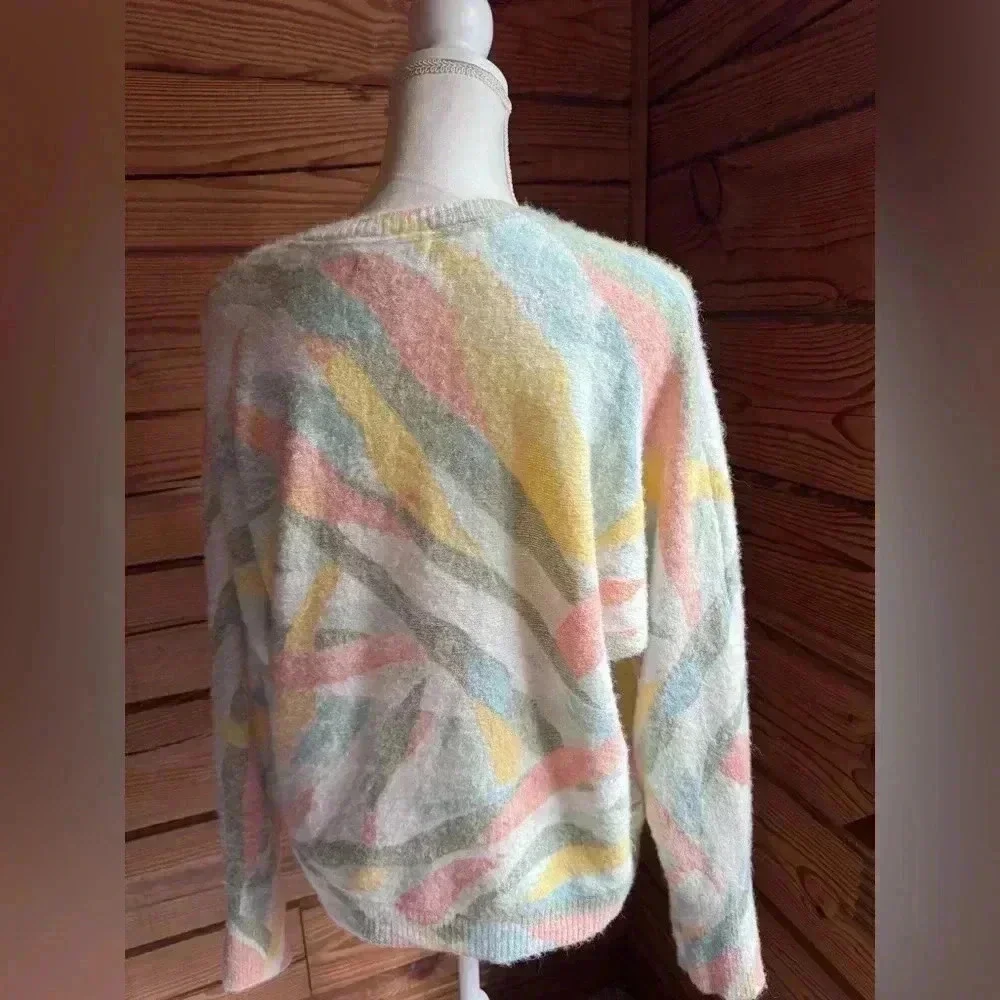Rachel Zoe Fuzzy Crew Neck Green Pink 80s Retro Styled Sweater size small - Picture 5 of 7